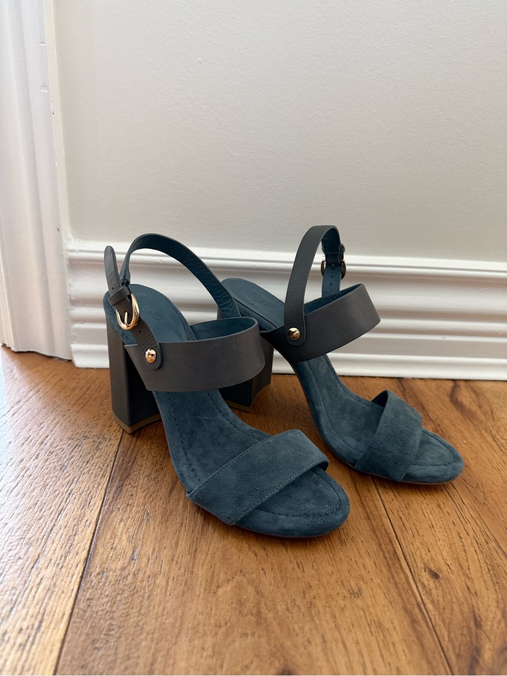 Joie Teal Suede Block Heel Sandals with Dark Strap